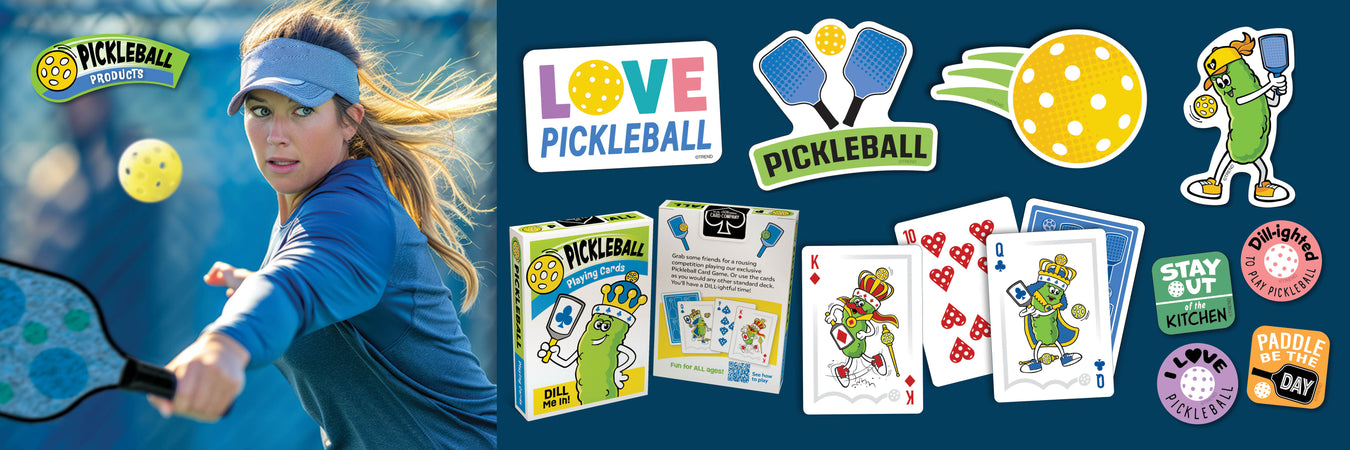 Pickleball-themed playing cards and stickers are DILL-ightful fun