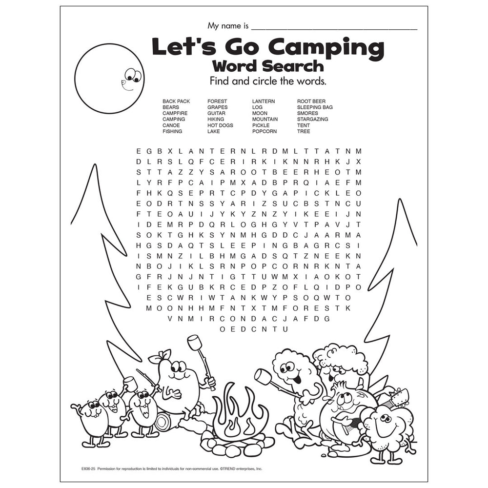 Let's Go Camping Word Search Free Printable featuring Stinky Stickers E836-25